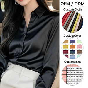 Camicia da donna con bottoni in raso di <span class=keywords><strong>seta</strong></span> <span class=keywords><strong>nera</strong></span> da donna a maniche lunghe per ufficio camicie da ufficio da donna Vintage in tessuto di raso con colletto rovesciato - Product Image 1