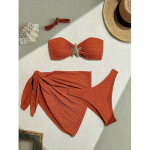 Conjunto de Bikini Texturizado de 3 Piezas <span class=keywords><strong>para</strong></span> Mujer, Traje de Baño Halter con Estrella de Mar y Pedrería, con Pareo <span class=keywords><strong>para</strong></span> la Playa <span class=keywords><strong>en</strong></span> Verano - Product Image 2