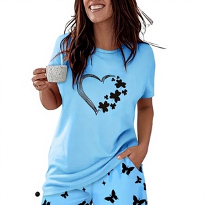 Conjunto de 2 piezas de pantalones cortos con estampado de mariposas azules para mujer, camiseta informal holgada con cuello redondo y pantalones cortos por encima de la rodilla, ropa de primavera y verano - Product Image 1