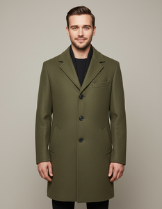 Abrigo de lana para hombre, largo, con solapa con muescas, cierre de un solo botón, botones de cuerno, corte regular, verde - Product Image 6