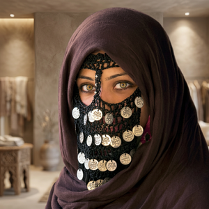 Voile de visage égyptien traditionnel - Burqa noir en crochet fait main avec pièces de monnaie argentées, longueur au sol, manches longues pour mariage/ Prière - Product Image 2