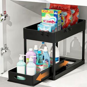2 Tier Under Cabinet <b>Kitchen</b> Cabinet Organizer Under Shelf Storage <b>Basket</b> <b>Pull</b> <b>Out</b> Under Sliding Cabinet <b>Basket</b> Organizer - Product Image 1