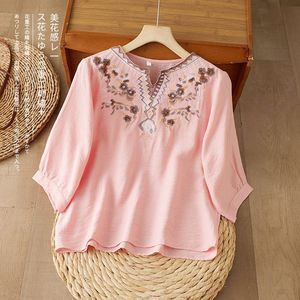 Pink Cotton Linen Embroidered V-Neck Loose Mid-Sleeve Blouse For Women Casual Everyday Wear - Product Image 1