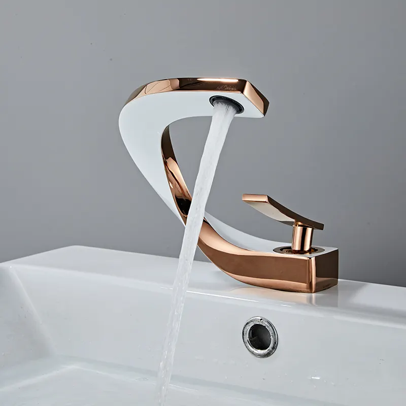 High Quality White & Rose gold Washroom Faucets Modern Waterfall Bathroom Basin Water Tap Faucets Basin Faucet