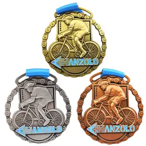 Manufacture supplier design metal 3d logo bike bicycle cycling ride race kids sports gold medal factory custom medal with ribbon