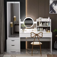 Chaise de coiffeuse moderne blanche pour chambre à coucher, petite, en panneau de bois, avec miroir LED pleine longueur, tiroir et rangement intégrés