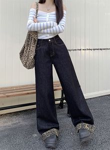Pantalones de mezclilla de mujer de nuevo estilo, holgados, de pierna recta, con dobladillo enrollado y estampado de leopardo en patchwork, de pierna ancha, a la moda - Product Image 5