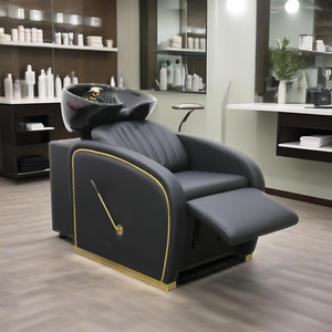 Fauteuil de lavage de luxe moderne et simple pour salon de coiffure, noir et or, inclinable manuel, avec cuvette en céramique - Product Image 1