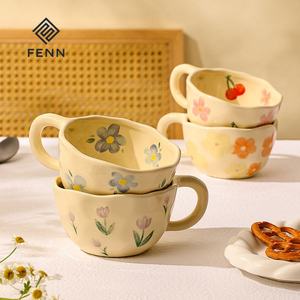 FENN personalizado mano pellizcado Irregular flor leche té taza Ins estilo coreano avena desayuno taza Drinkware cocina tazas de cerámica - Product Image 3