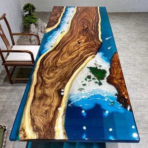 GEDO lujo personalizable océano <span class=keywords><strong>resina</strong></span> <span class=keywords><strong>epoxi</strong></span> azul océano diseño madera maciza mesa de comedor - Product Image 1