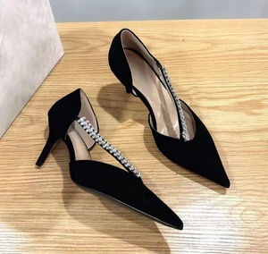 Luxury-sophisticated brand black <b>suede</b> rhinestone stiletto pointed-toe high <b>heels</b> with hollow thin <b>heels</b> for formal evening wedd - Product Image 4