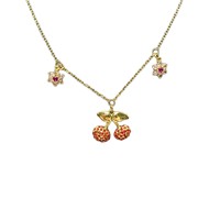 Trendy rode kristallen kersen hanger ketting met bloemencharms, 14K verguld, frisse stijl, delicate fruitjuwelen voor vrouwen