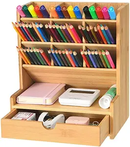 Hot Selling Bamboo Desktop Stationery Organizer Wooden Multi-Functional Pencil Holder Box With Storage Draw