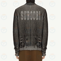 Pull long en coton avec logo jacquard en tricot personnalisé OEM/ODM Pull cardigan personnalisé à col roulé avec fermeture éclair et destruction surdimensionnées pour hommes