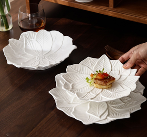 Wholesale 3D Embossed Leaf Shaped Ceramic Plates, Pure White Irregular Dinnerware Bulk Custom Logo for Wedding & Hotel Banquet - Product Image 2