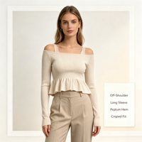 Pull décontracté de haute qualité pour femme, couleur blanche, épaules dénudées, à manches longues et pointelle, personnalisable OEM & ODM, vente en gros