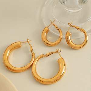 Pendientes de Aro Chapados en Oro de Acero de Titanio para Mujer, Estilo Geométrico Redondo para Uso Diario EH712 - Product Image 2