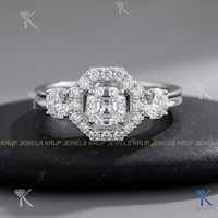 Bague de fiançailles en or pur 100% avec halo de 3 pierres en diamant de culture hexagonal, KRUP JEWELS, design tendance