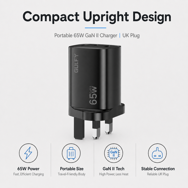65W Dual USB C USB-A GaN Fast Charger UK Plug Ready Stock GULFY Multi Port Charger
