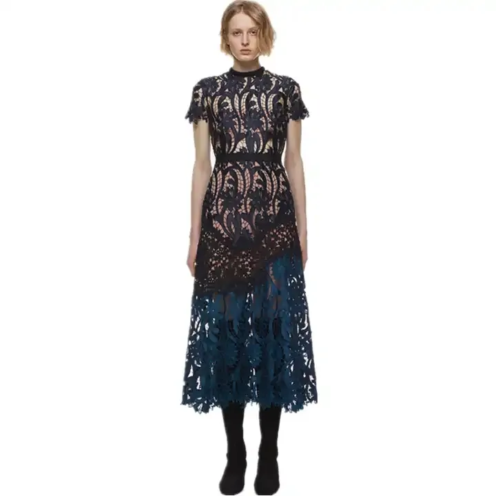 Gaun lengan pendek elegan desain baru gaun Midi wanita hitam biru premium gaun renda kasual wanita