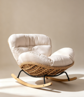 Fauteuil à bascule moderne en rotin, couleur crème, avec coussin en mousse à mémoire de forme épaisse, pieds en bois massif, style bohème, pour salon.