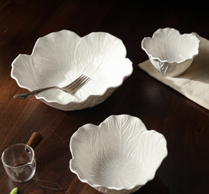 Custom Logo White Ceramic Cabbage Leaf Bowl <b>Set</b> Stackable Embossed Vegetable Shape <b>Serving</b> Bowls For Hotel Restaurant Wedding - Product Image 6