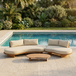 Outdoor Teak Wood Curved <b>Sofa</b> <b>Set</b> with Coffee Table Patio Poolside Garden Hotel Villa Resort Furniture Manufacturer Indonesia - Product Image 2