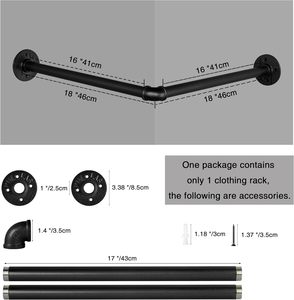 산업용 파이프 의류 걸이대 철제 벽걸이형 직각 코너 나사 포함 <span class=keywords><strong>DIY</strong></span> 가정용 수납 진열대 (블랙) 181 - Product Image 2