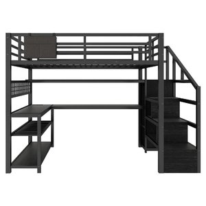 Lit mezzanine pleine taille avec escalier et armoire, lit mezzanine avec bureau, étagères de rangement, éclairage LED et station de charge, ODM/OEM - Product Image 3