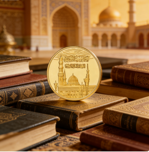 Pièce de monnaie islamique personnalisée de qualité supérieure avec calligraphie <span class=keywords><strong>arabe</strong></span>, pièce de monnaie plaquée or de fabrication industrielle pour événements religieux et collection - Product Image 2