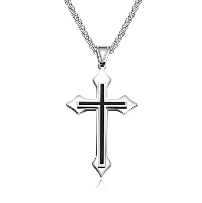 2022 Three-layer cross domineering men's Jewelry men's silver black plated glow Necklace cross pendant Stainless steel chain