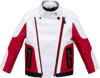 Blouson Enfant Style Moto Racing Rouge et Blanc Colorblock en Cuir PU, Veste de Motard Personnalisée OEM pour Garçons avec Manches Matelassées