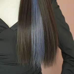 Donkerblauw Haar Extensions Steil Haar Highlights Clip In Pruik Extensions Gekleurd Haar Streak Synthetische Haarstukken 23"
