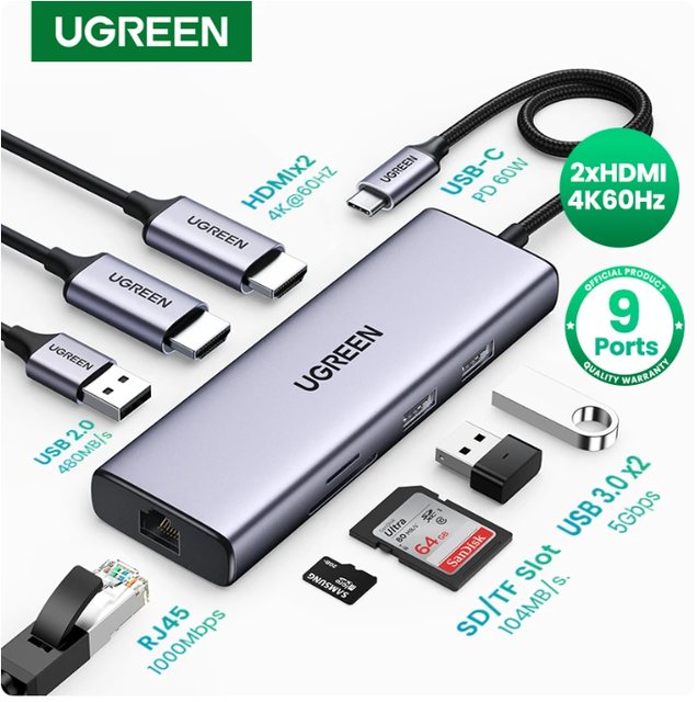 UGREEN 9 in 1 USB C to Ethernet Adapter 5Gbps USB a 3.0 Docking Station PD 60W Charging SD Card Reader USB C Hub with  4K