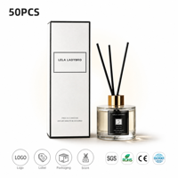 Ensemble diffuseur de parfum en verre dépoli 200 ml Rose poudré et Bleu brumeux, avec bouchon argenté et bâtonnets en fibre noire, Marque privée, Vente en gros
