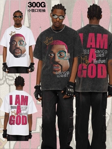 T-shirt graphique double face pour homme Kanye West I Am God, portrait de personnage de dessin animé, en soie/coton 300 GSM, col étroit, coupe oversize, style Hip Hop - Product Image 1