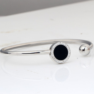Brazalete abierto de acero inoxidable con piedra negra y círculo con incrustaciones de diamantes, joyería de moda, regalo para mujer - Product Image 3