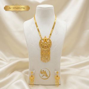 Juego de Joyería de Lujo Chapado en Oro Árabe para Mujer, Collar con Colgante de Luna Creciente y Estrella con Pendientes Colgantes, Estilo Dubái - Product Image 1