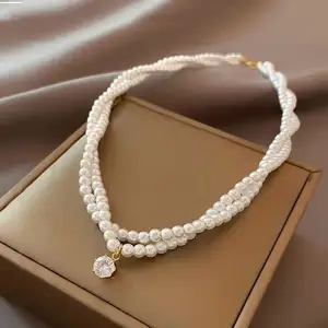 YH New Trendy Elegant Double Layer Pearl Necklace Jewelry Chain Simple Nice Design Neck Accessories Necklace Jewelry For Wom