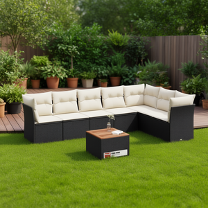Set divano da giardino in rattan bianco crema e nero, 6 posti, mobili da esterno, design contemporaneo - Product Image 2