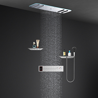 Ensemble de douche thermostatique encastré avec pommeau de douche cascade LED multi-jets, étagère de rangement et douchette à main - Pour salle de bain