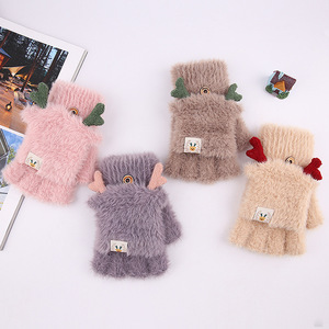 Gants sans doigts pour femme, en peluche, avec motif de bois de cerf, pour l'hiver, chauds, thermiques, élégants, pour les trajets quotidiens, rose, kaki, violet, jaune gingembre - Product Image 1