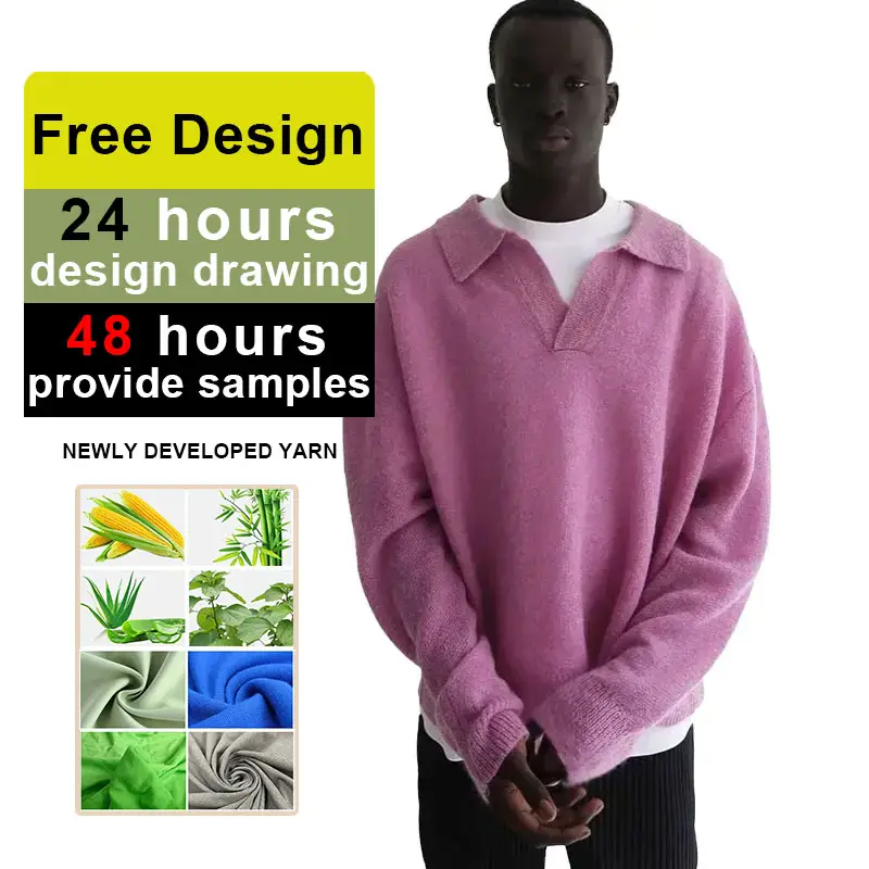 Customized Woven Material For Loose Oversize POLO V-neck Men's Knitted Pullover Sweater