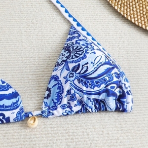 Blue and <b>white</b> porcelain floral print sports bikini backless swimsuit <b>set</b> - Product Image 4