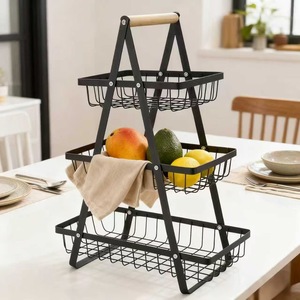 Multi Layer Metal Fruit <b>Basket</b> With Wooden Handle Portable <b>Storage</b> Rack For Snacks And Fruits Rectangle Standing Type - Product Image 4