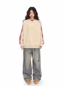 <span class=keywords><strong>Sweat</strong></span>-shirt unisexe rétro confortable à manches longues et col en V, style classique, avec broderie du logo et tricot imprimé rayé - Product Image 2