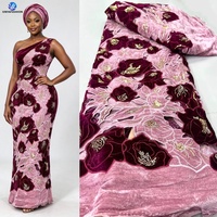 Kain Aplikasi Beludru 3D Berkualitas Tinggi Sinya 5 Yard, Payet Manik-Manik, Berongga, Model Afrika Aso Ebi, untuk Gaun Pesta Pernikahan