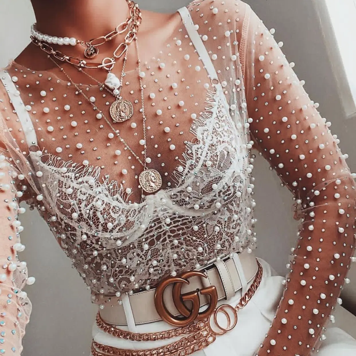 2023 Dropshipping new sexy see-through lace shirt female bright diamond beads mesh long sleeved blouses tops