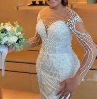 Vente Chaude Robe de Mariée Convertible 2 en 1 Sirène Robe de Bal avec Jupe Bouffante Détachable Manches Longues Robe de Mariée Perles et Cristaux