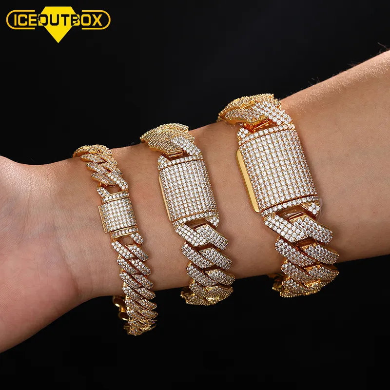 Fashion Jewelry Hip Hop Iced Out 18K Gold Plated Copper CZ Zircon Crystal Luxury Miami Cuban Link Chain Bracelet For Men Women